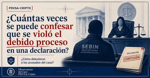 Pieza editorial del Observatorio PDVSA-Cripto: '¿Cuántas veces se puede confesar que se violó el debido proceso en una declaración?', con un funcionario del SEBIN ante un tribunal y un documento marcado como confesión.